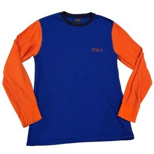 Polo Ralph Lauren Shirt Mens Medium Blue Orange Waffle Knit Thermal Embroidered
